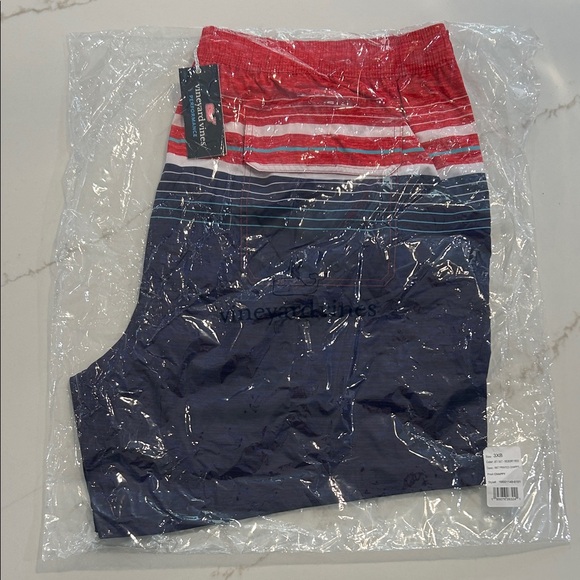 Vineyard Vines Red and Blue Striped Swim Shorts - Picture 1 of 3